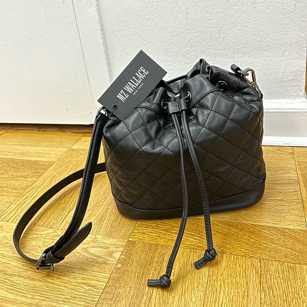 MZ Wallace Black Leather Metro Drawstring Bucket Bag